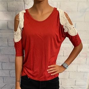 Rue 21 Orange & Cream Lace Cold Shoulder